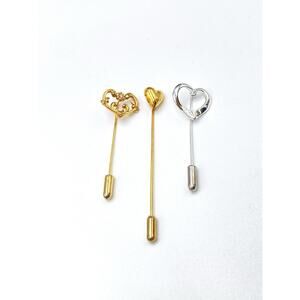 Stick Pins Lot of 3 Heart Gold Tone Silver Tone Vintage Estate